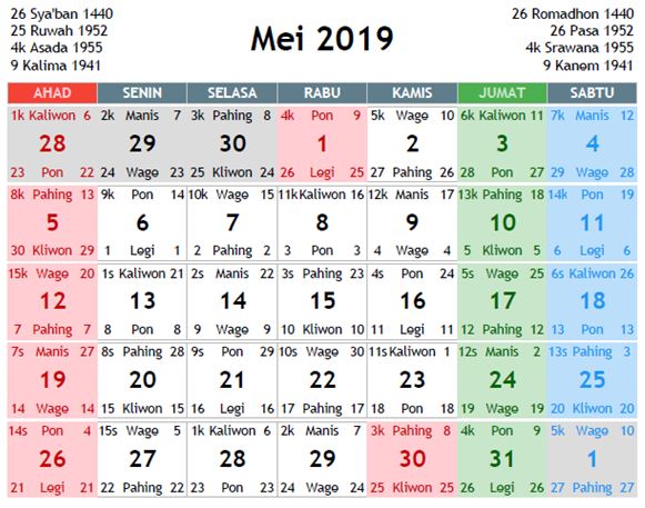 Detail Kalender Bulan Mei 2019 Nomer 4