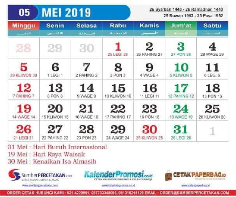 Detail Kalender Bulan Mei 2019 Nomer 5