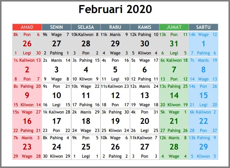 Detail Kalender Februari 2020 Nomer 42