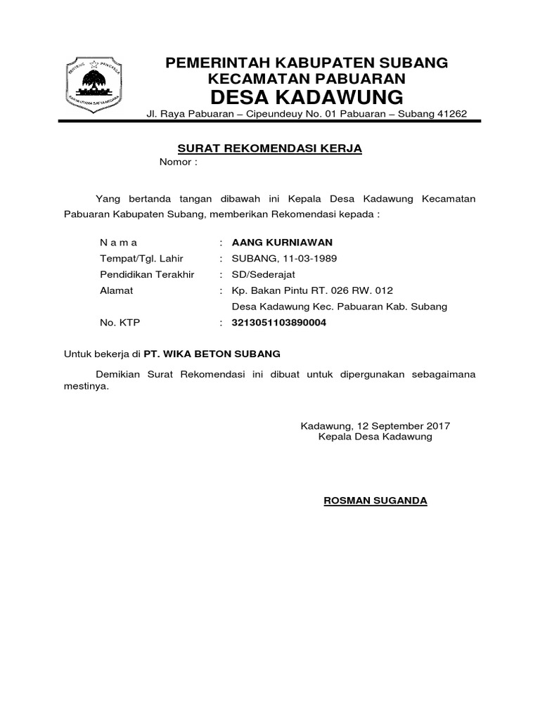 Detail Surat Rekomendasi Kerja Dari Desa Nomer 10