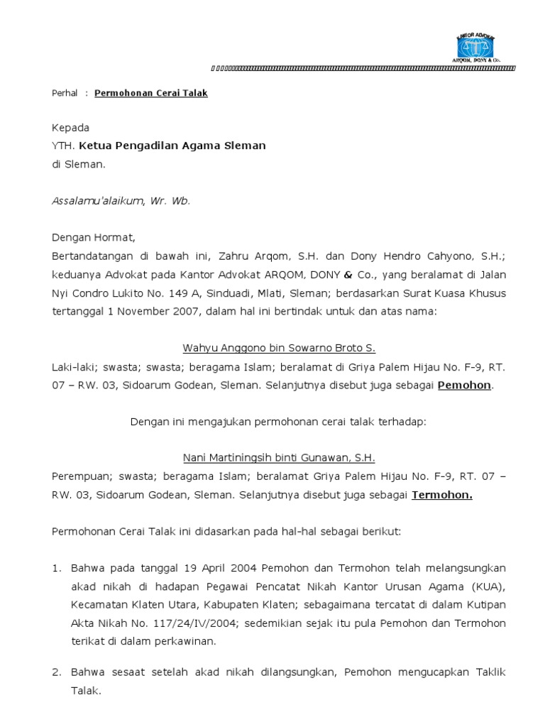 Detail Surat Permohonan Cerai Talak Nomer 10