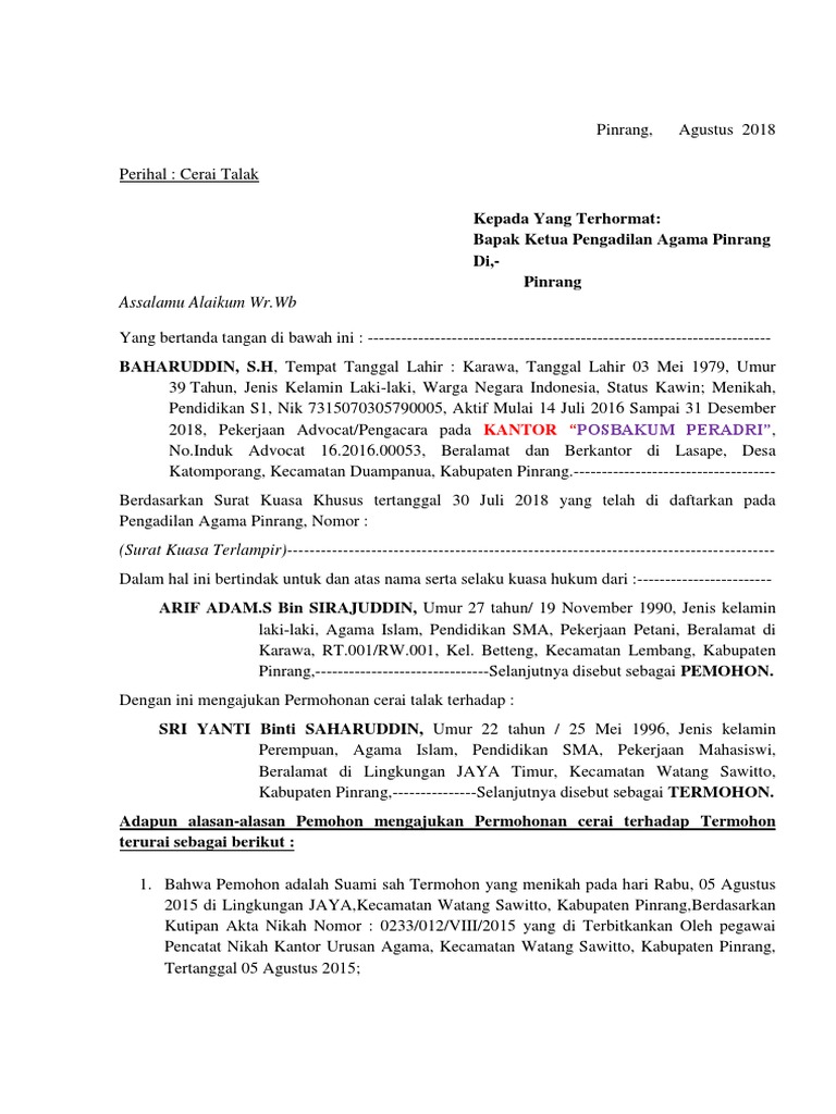 Detail Surat Permohonan Cerai Talak Nomer 11