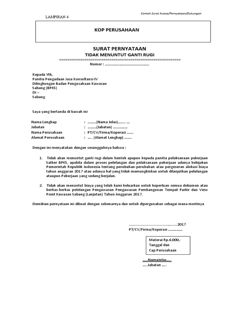 Detail Contoh Surat Pernyataan Tidak Menuntut Ganti Rugi Nomer 4