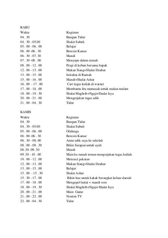 Detail Contoh Tabel Kegiatan Sehari Hari Nomer 30