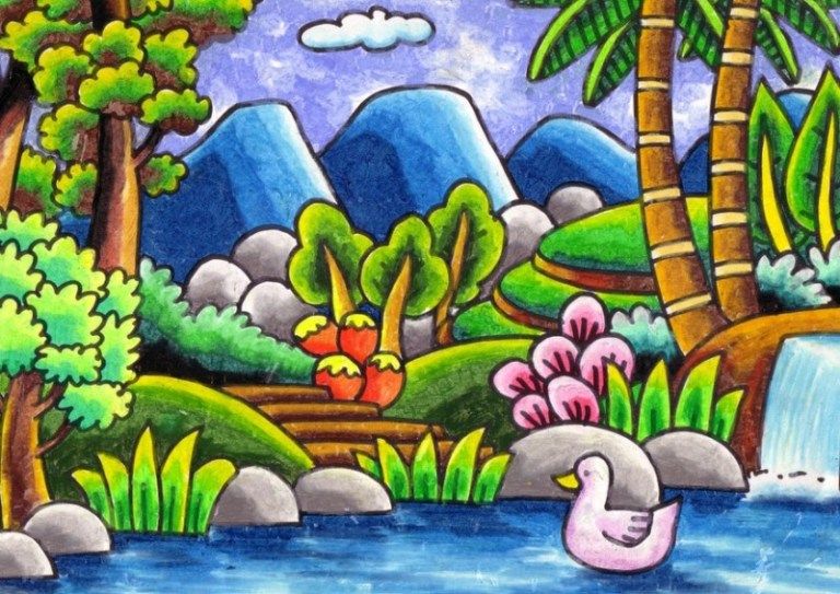 Detail Menggambar Pemandangan Dengan Crayon Nomer 10