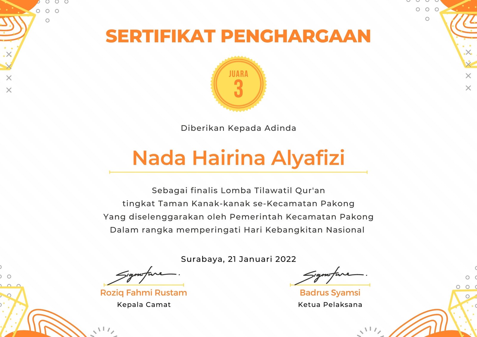 Detail Mentahan Piagam Penghargaan Nomer 16