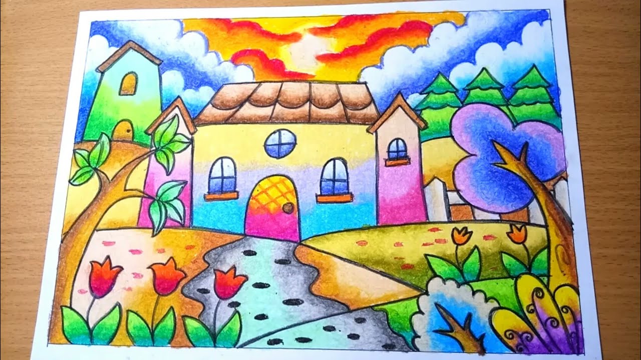 Detail Mewarnai Gambar Rumah Dengan Crayon Nomer 14