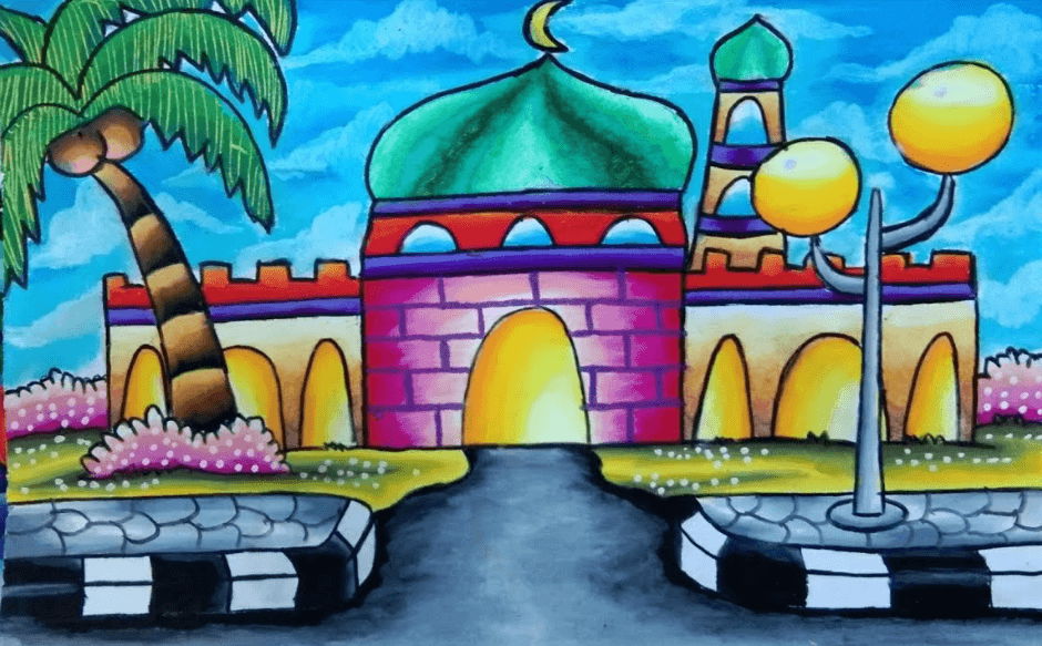 Detail Mewarnai Masjid Dengan Crayon Nomer 5