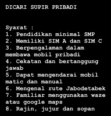 Lowongan Kerja Supir Pribadi Rumah Jakarta Selatan - KibrisPDR