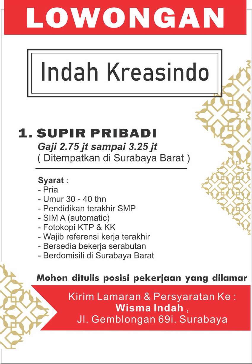 Lowongan Supir Pribadi Rumah Tangga Surabaya - KibrisPDR