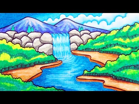 Detail Lukisan Air Terjun Dan Gunung Nomer 33