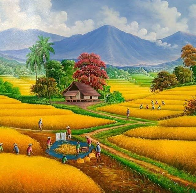 Detail Pemandangan Sawah Padi Lukisan Nomer 15