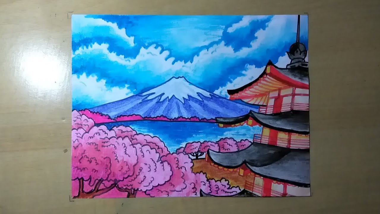 Detail Lukisan Gunung Fuji Dan Bunga Sakura Nomer 11