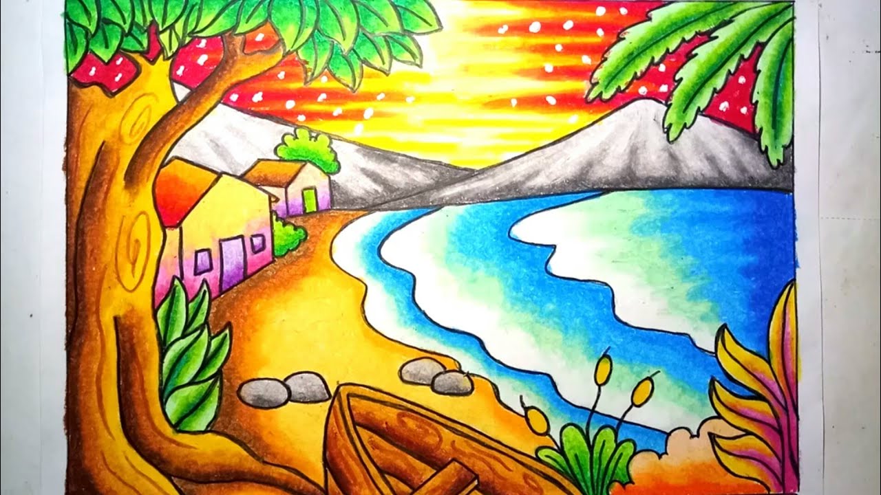 Detail Lukisan Pantai Crayon Nomer 7