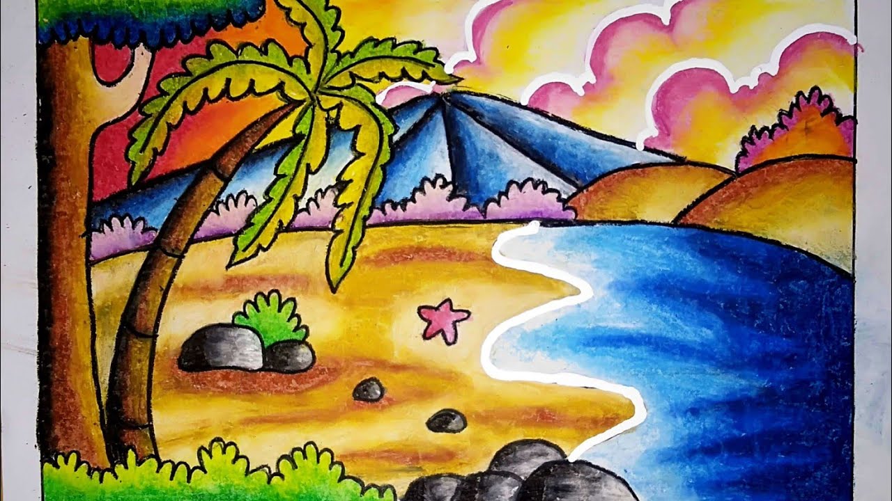 Detail Lukisan Pantai Crayon Nomer 9