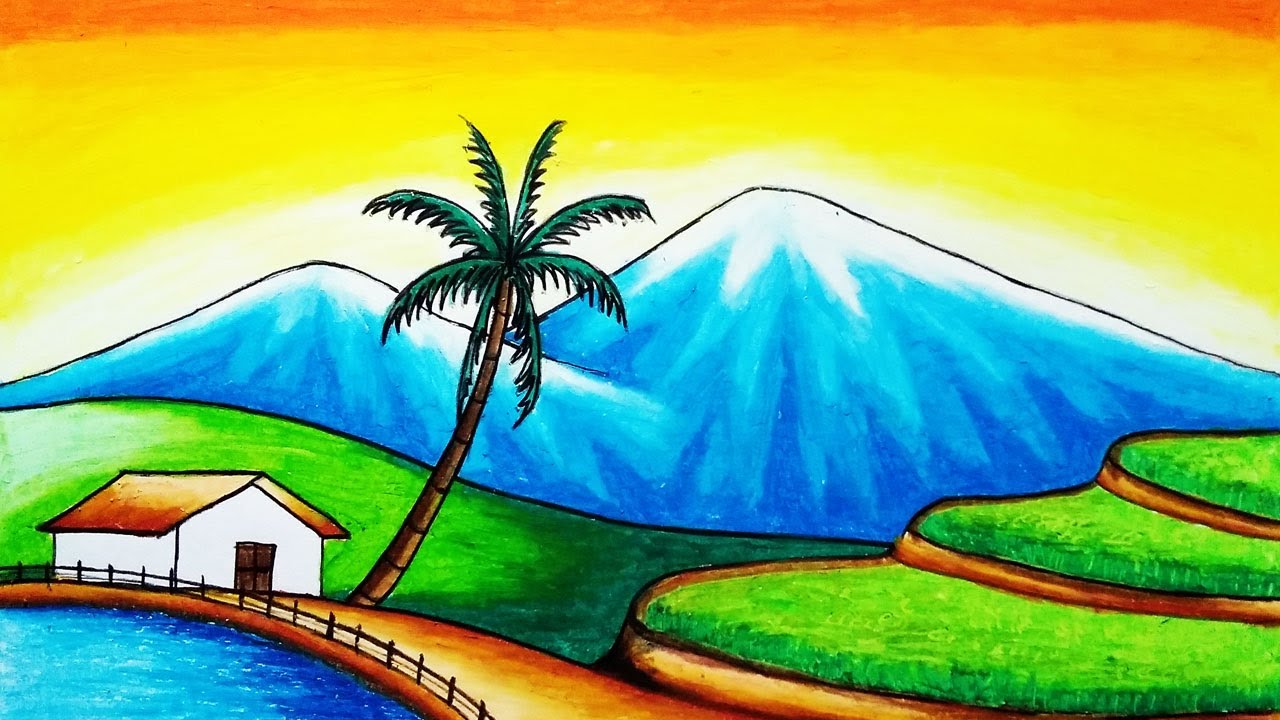 Detail Lukisan Pegunungan Dan Sawah Nomer 3