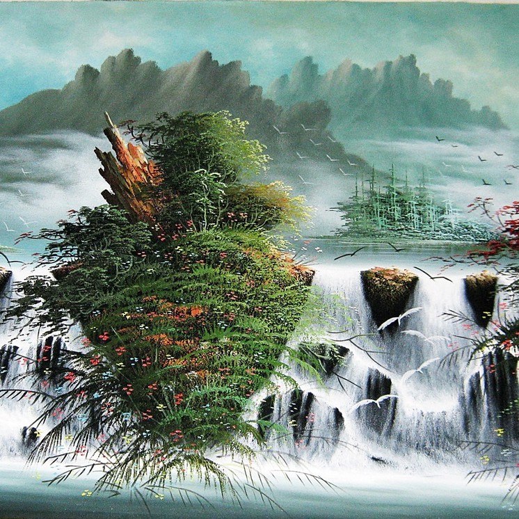 Detail Lukisan Pemandangan Gunung Dan Air Terjun Nomer 12