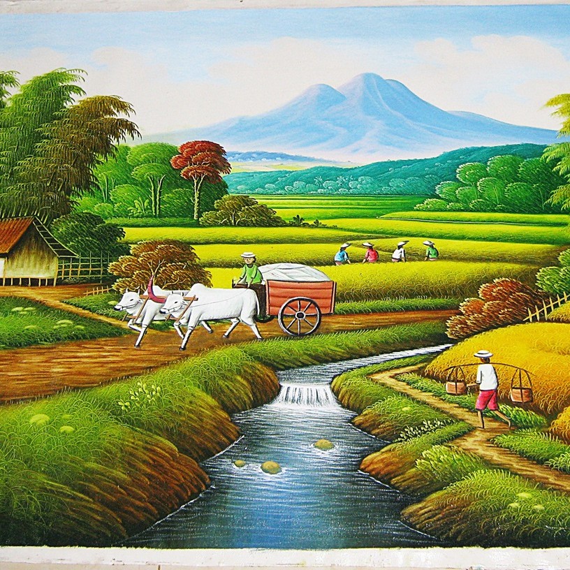 Detail Lukisan Pemandangan Sawah Dan Gunung Nomer 28