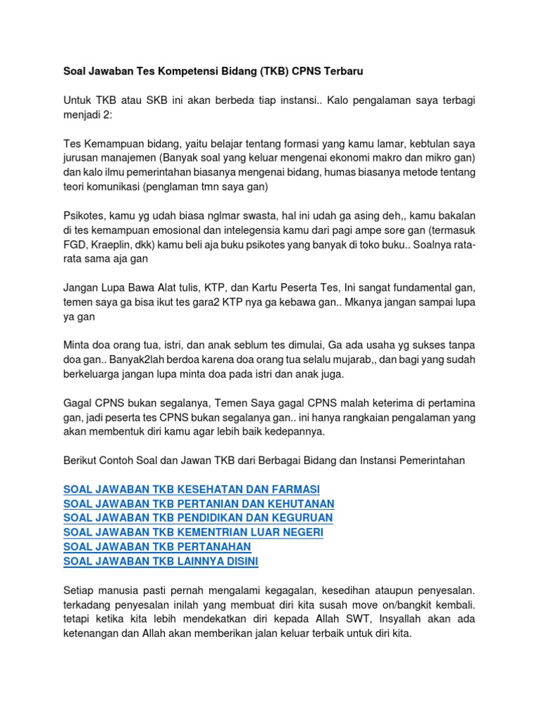 Detail Soal Jawaban Tes Kompetensi Bidang Tkb  Pdf