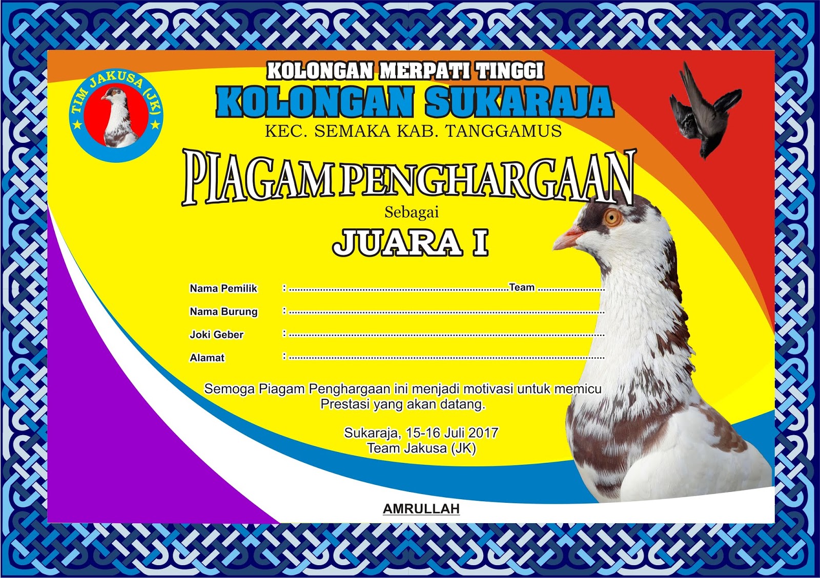 Detail Piagam Merpati Kolong Nomer 2