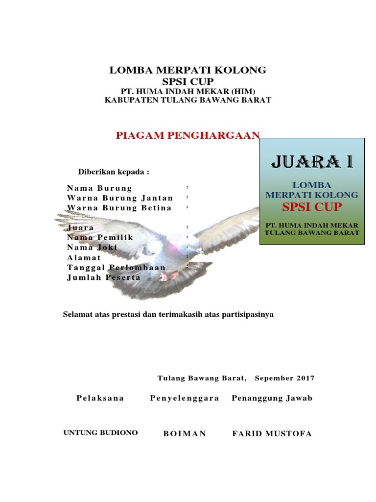 Detail Piagam Merpati Kolong Nomer 14