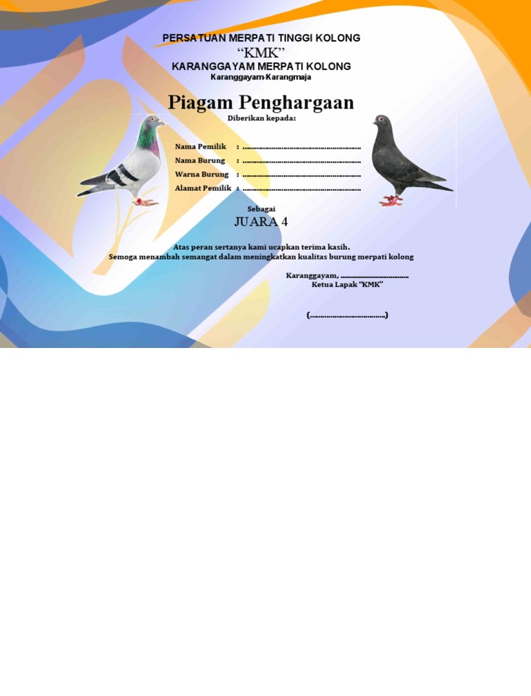 Detail Piagam Merpati Kolong Nomer 3