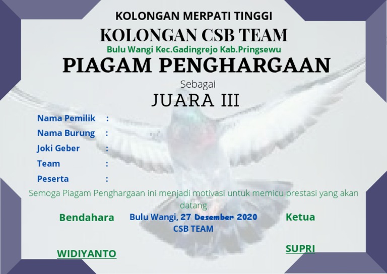 Detail Piagam Merpati Kolong Nomer 24