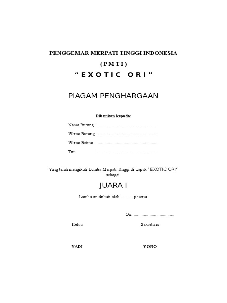 Detail Piagam Merpati Kolong Nomer 33