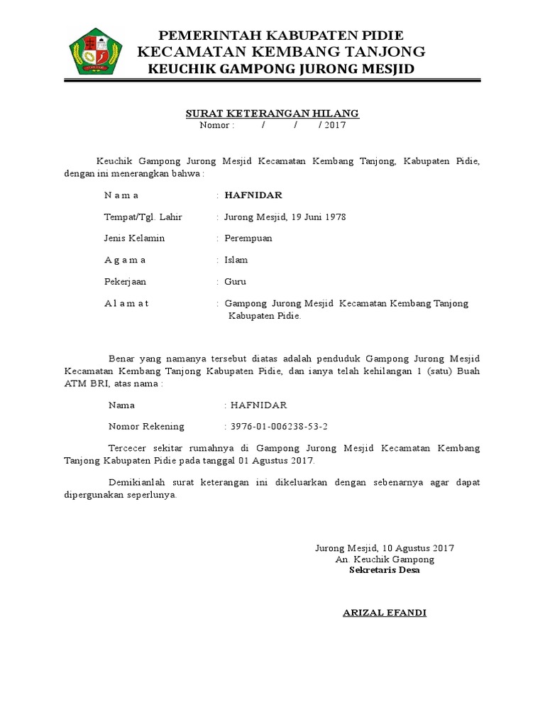 Detail Membuat Surat Kehilangan Atm Nomer 24