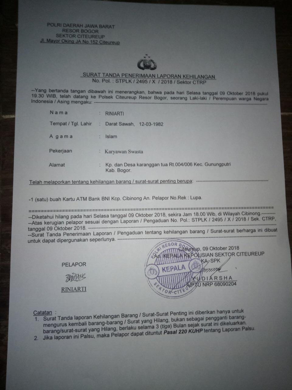 Detail Membuat Surat Kehilangan Atm Nomer 27