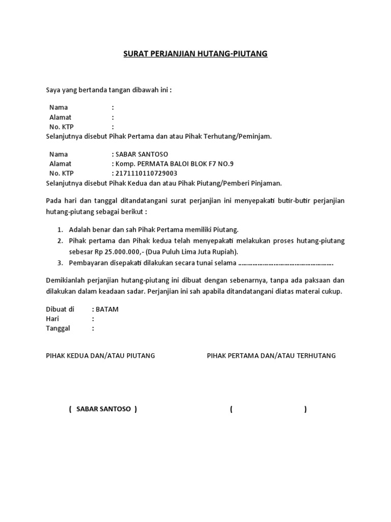 Detail Membuat Surat Perjanjian Hutang Nomer 17