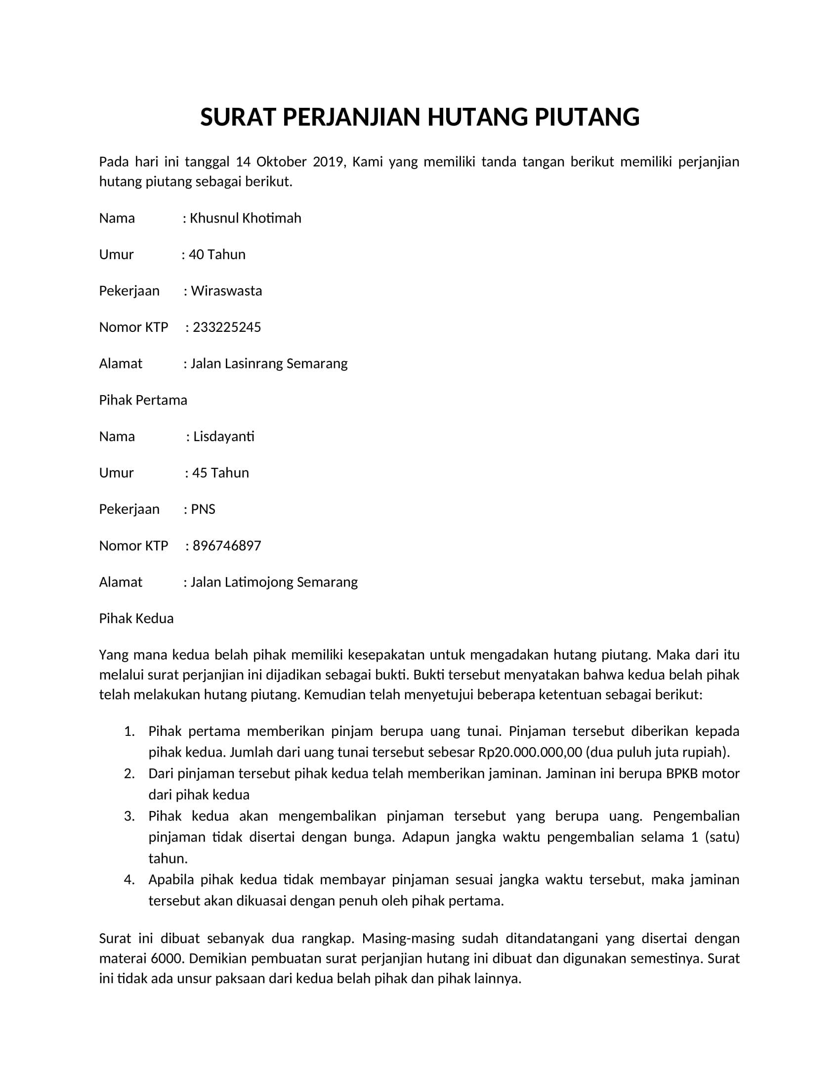 Detail Membuat Surat Perjanjian Hutang Nomer 4