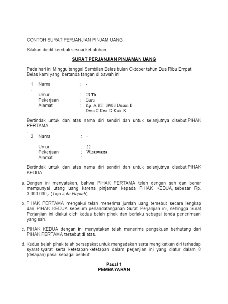 Detail Pinjaman Contoh Surat Perjanjian Hutang Nomer 24