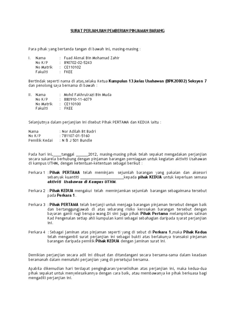 Detail Pinjaman Contoh Surat Perjanjian Hutang Nomer 26