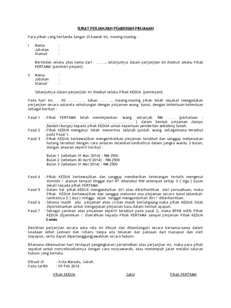 Detail Pinjaman Contoh Surat Perjanjian Hutang Nomer 36