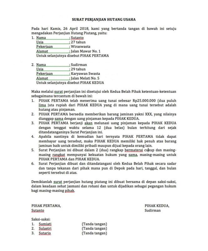 Detail Pinjaman Contoh Surat Perjanjian Hutang Nomer 8
