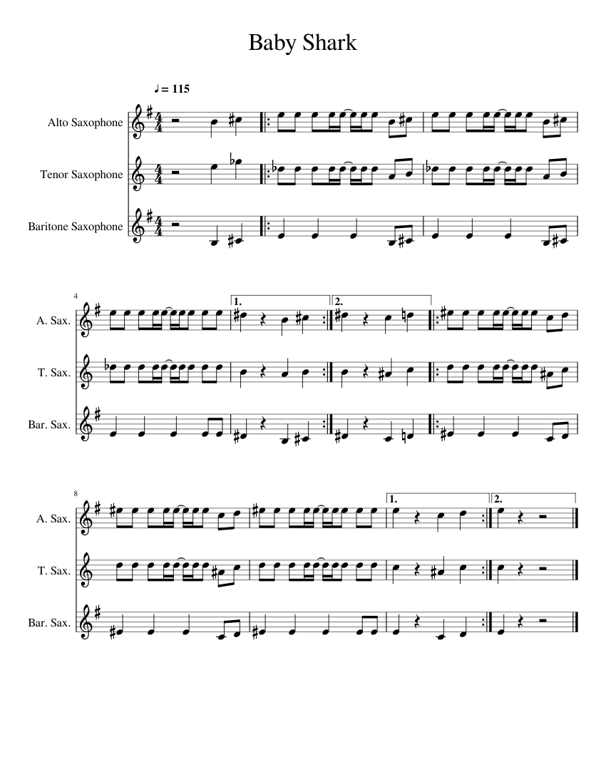 Baby Shark Alto Saxophone Sheet Music - KibrisPDR