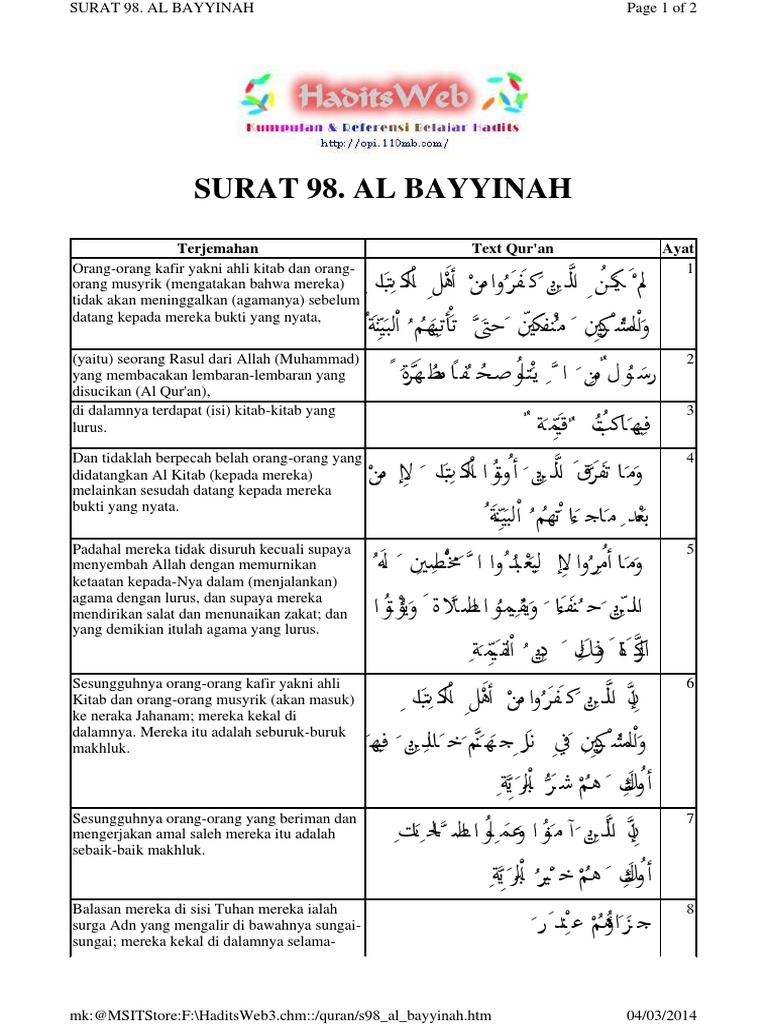 Detail Bacaan Surat Al Bayyinah Nomer 54