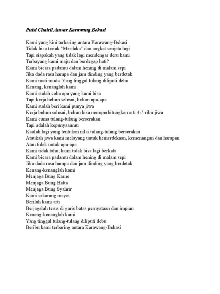 Detail Puisi Chairil Anwar Krawang Bekasi Nomer 17