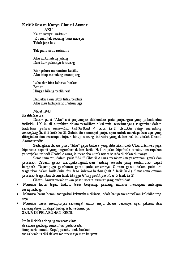 Detail Puisi Judul Aku Karya Chairil Anwar Nomer 46