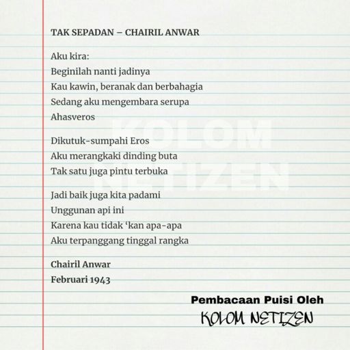 Detail Puisi Karya Chairil Anwar Aku Nomer 49