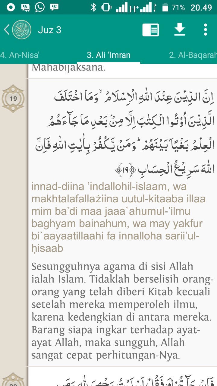 Detail Quran Surat Ali Imran Ayat 19 Nomer 10