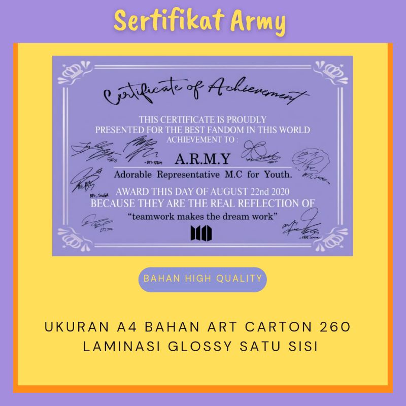 Detail Sertifikat Army Bts Asli Nomer 24