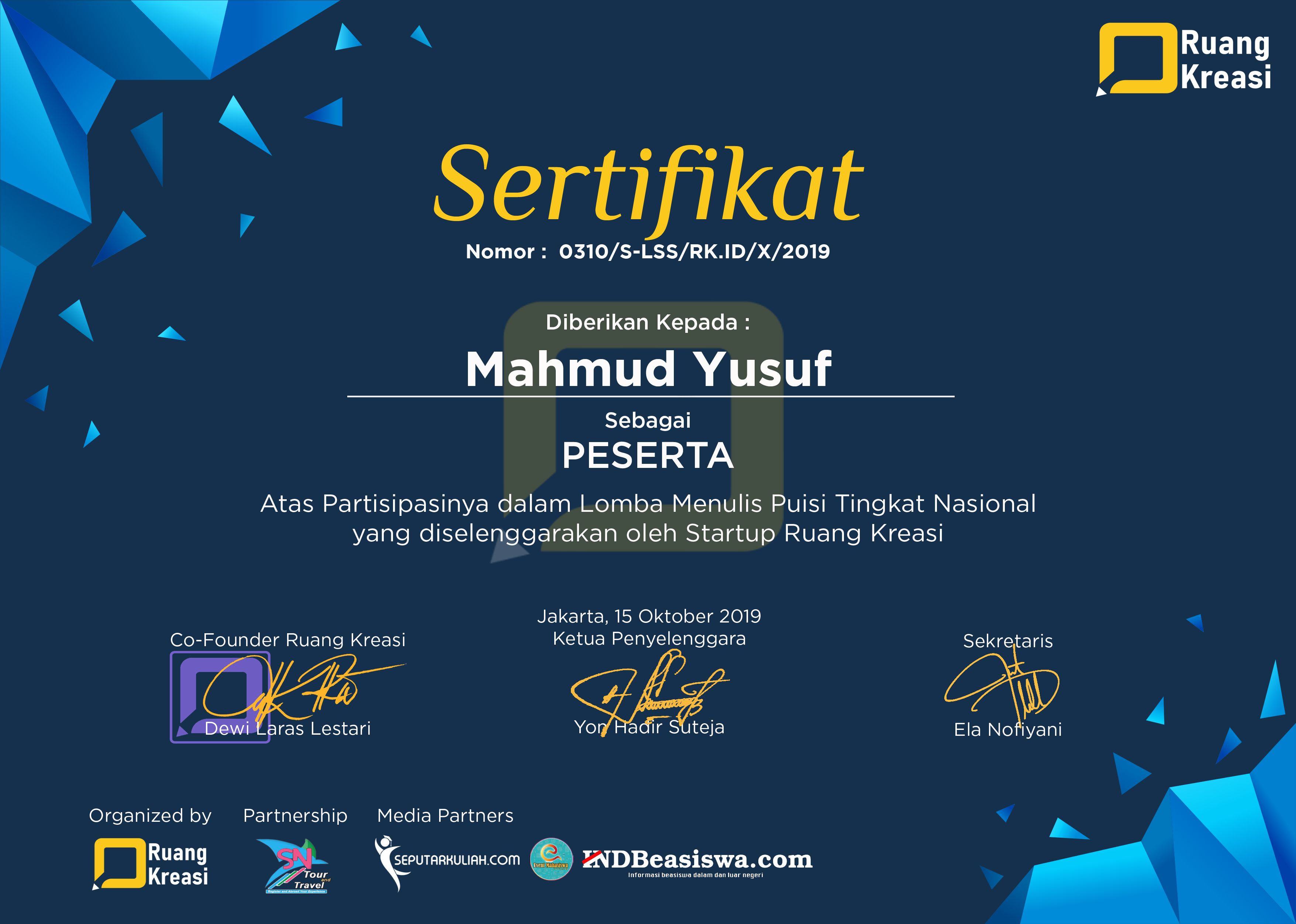 Detail Sertifikat Lomba Puisi Nomer 2