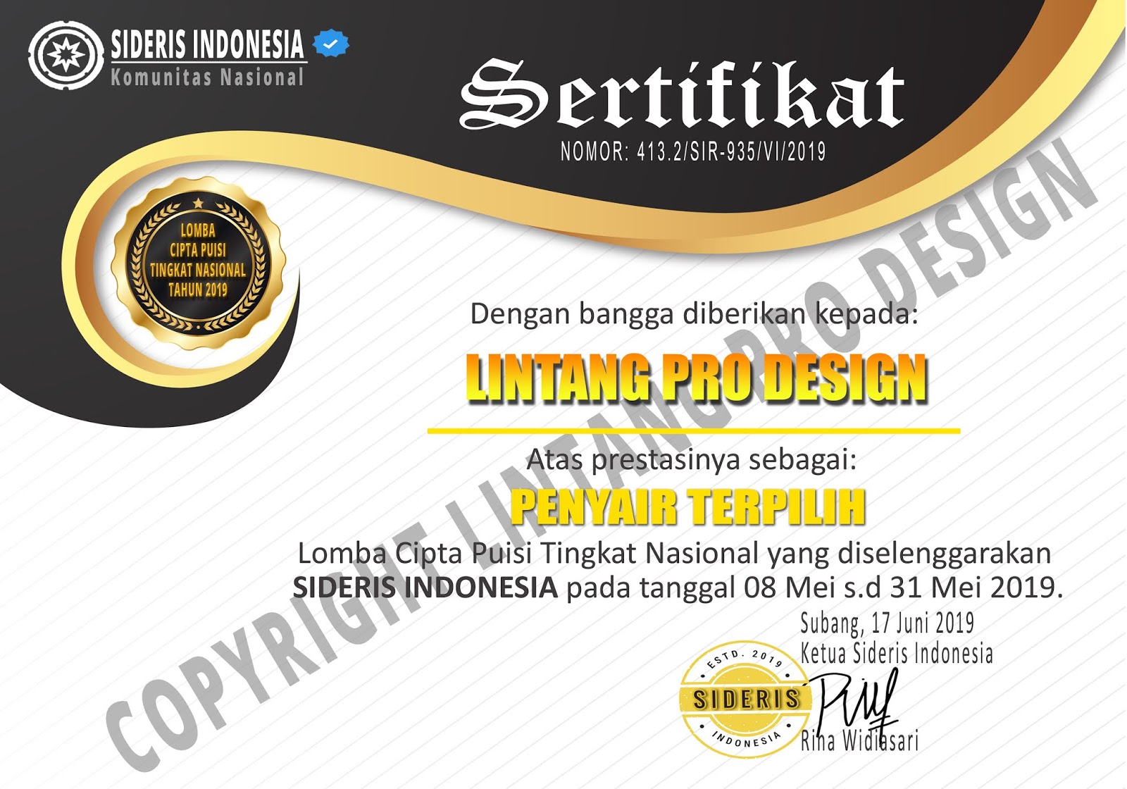 Detail Sertifikat Lomba Puisi Nomer 15