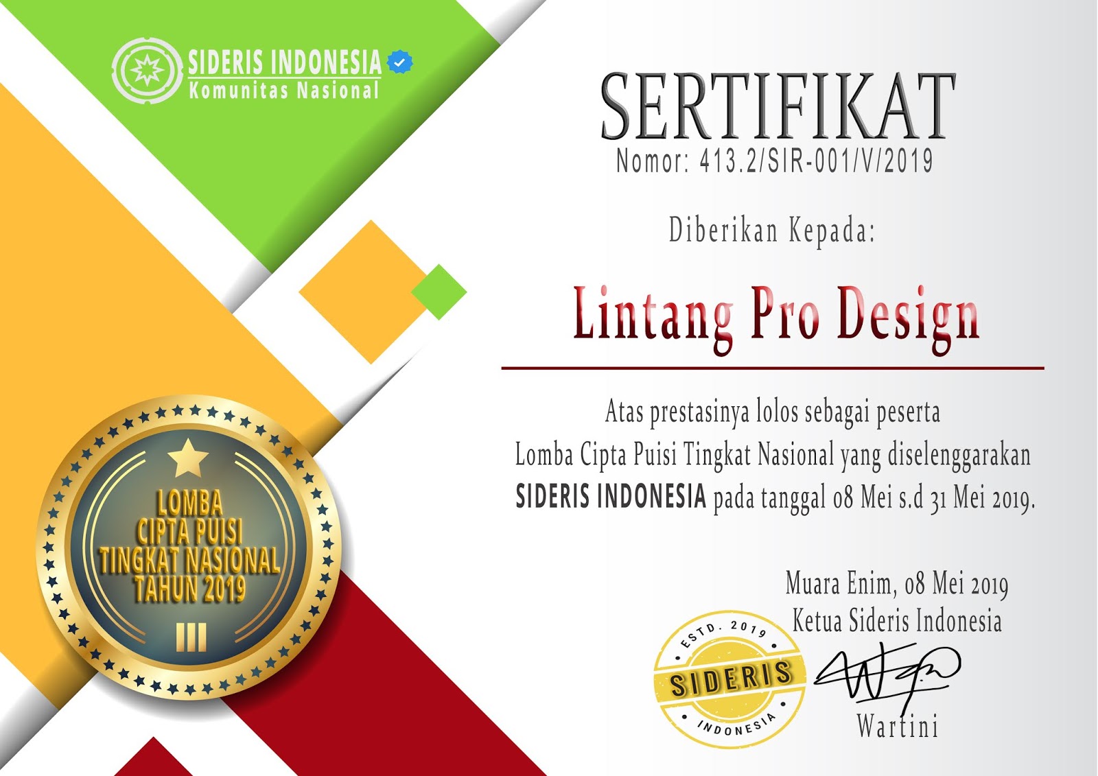 Detail Sertifikat Lomba Puisi Nomer 4