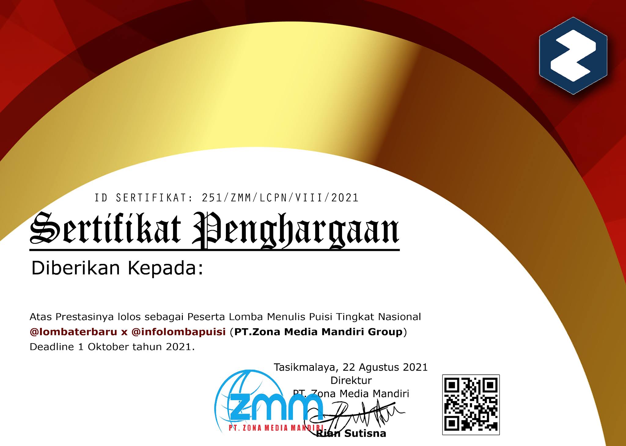 Detail Sertifikat Lomba Puisi Nomer 6