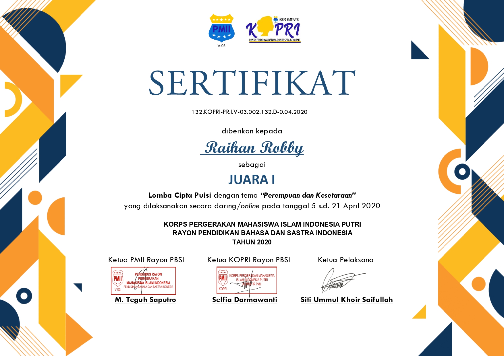 Detail Sertifikat Lomba Puisi Nomer 49