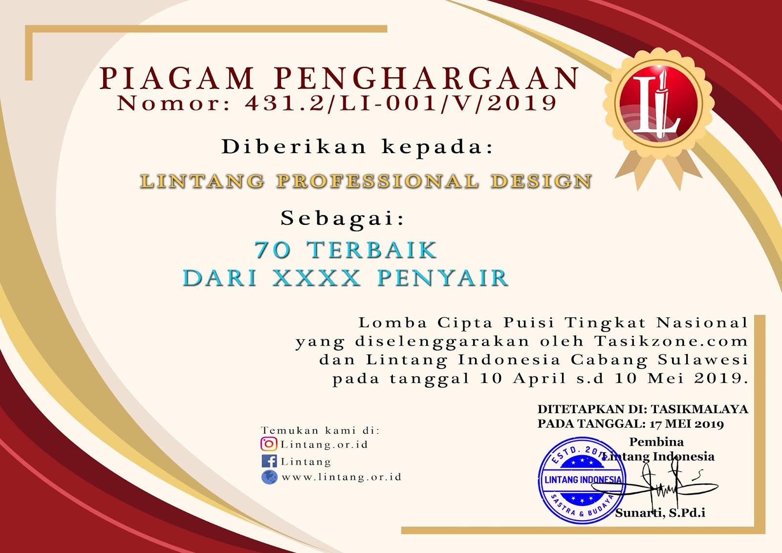 Detail Sertifikat Lomba Puisi Nomer 7