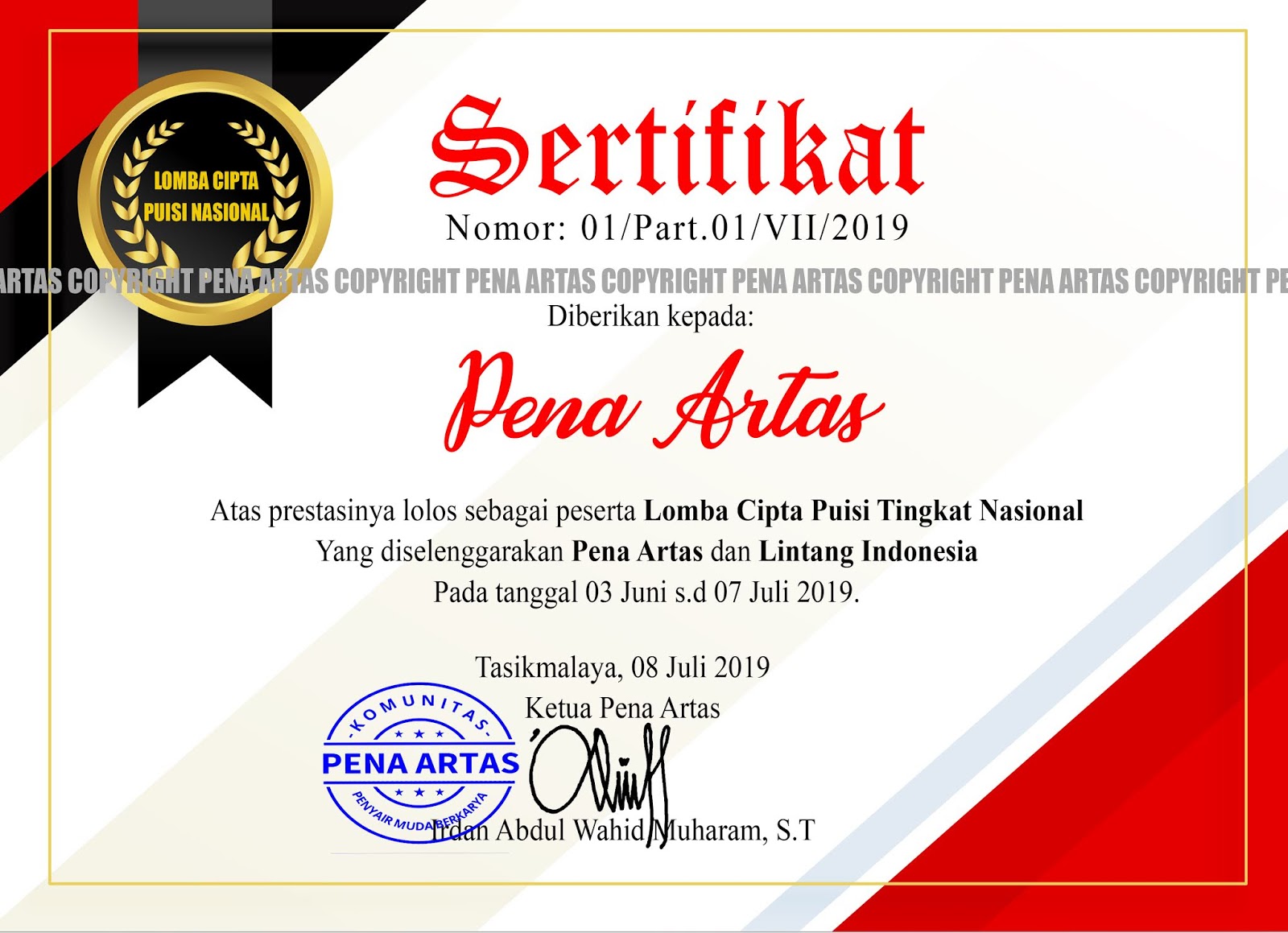 Detail Sertifikat Lomba Puisi Nomer 8